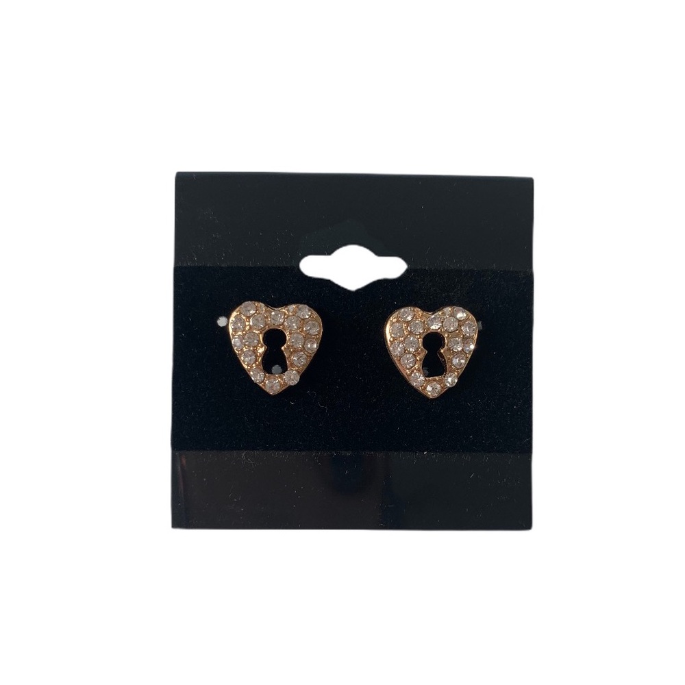 NEW Heart Key Lock Gold Tone Stud Cute Earrings - Picture 1 of 2